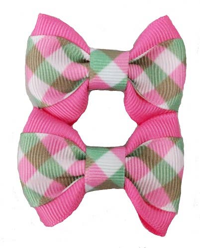 Pink/Green Gingham on Pink Hair Bows - 2 bows per card